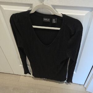 Rachel Zoe Black Ribbed V-Neck Long Sleeve Top - Slim Fit